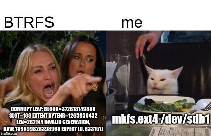 Ref: https://www.reddit.com/r/ProgrammerHumor/comments/ea3hdh/fck_btrfs/